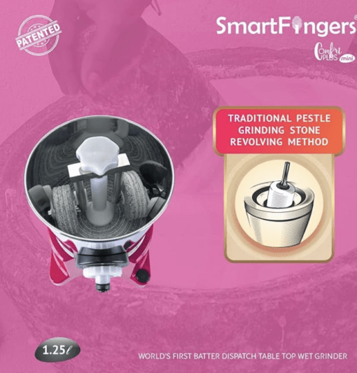 SmartFingers Comfort Plus Mini Table Top Wet Grinder 230V 50hz, 1.25 Liter, Pink - Image 5